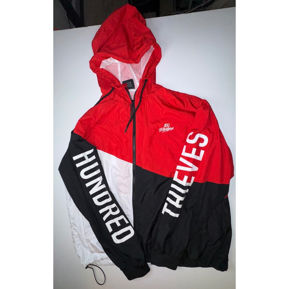 100 Thieves Windbreaker Jacket Mens 2XL Red Black White Zip Up Hooded Streetwear